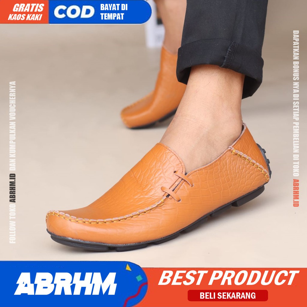 ABRHM x MOCLAY Sepatu Slip On Casual Pria Sepatu Slop Cowok Mocasin Anti slip Kulit Asli Sepatu kerja Pantofel Semi formal Keren Kekinian Original