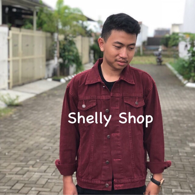 Jaket jeans oversize maroon big size jumbo