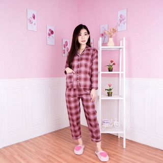 SF - Setelan Piyama Baju Tidur Wanita Lengan Pendek Panjang Guilen Kotak Pajamas Cewek Dewasa Kekinian-PP GUILEN MAROON