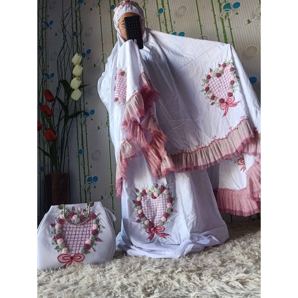 (Gratis Masker) Mukenah Love Warna putih/Mukenah Motif Love Warna putih/Mukenah Love Warna putih Jum
