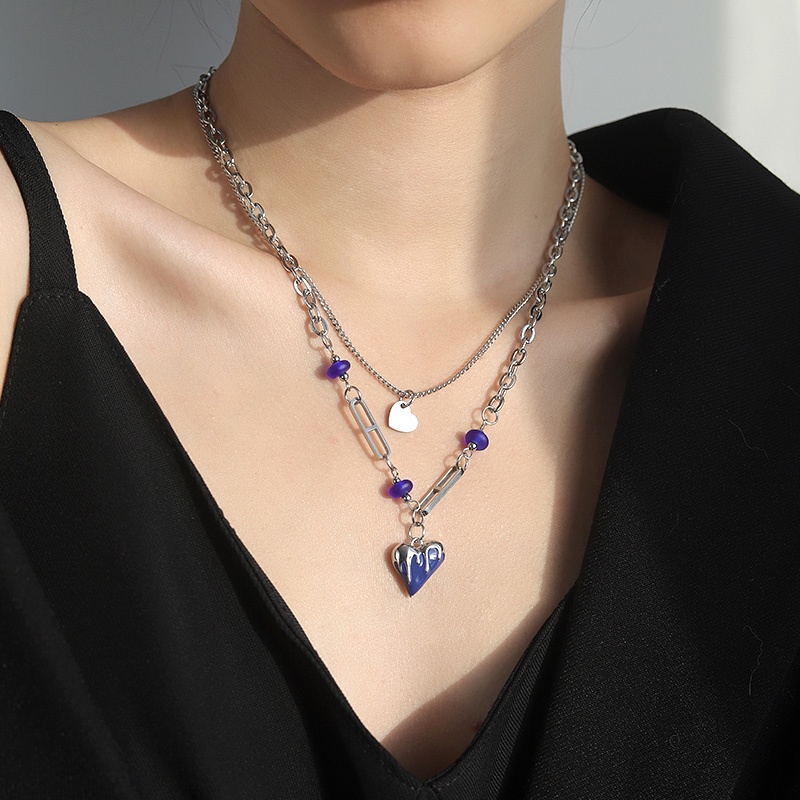 Kalung Rantai Klavikula Liontin Hati Biru Lapisan Ganda Untuk Aksesoris Wanita
