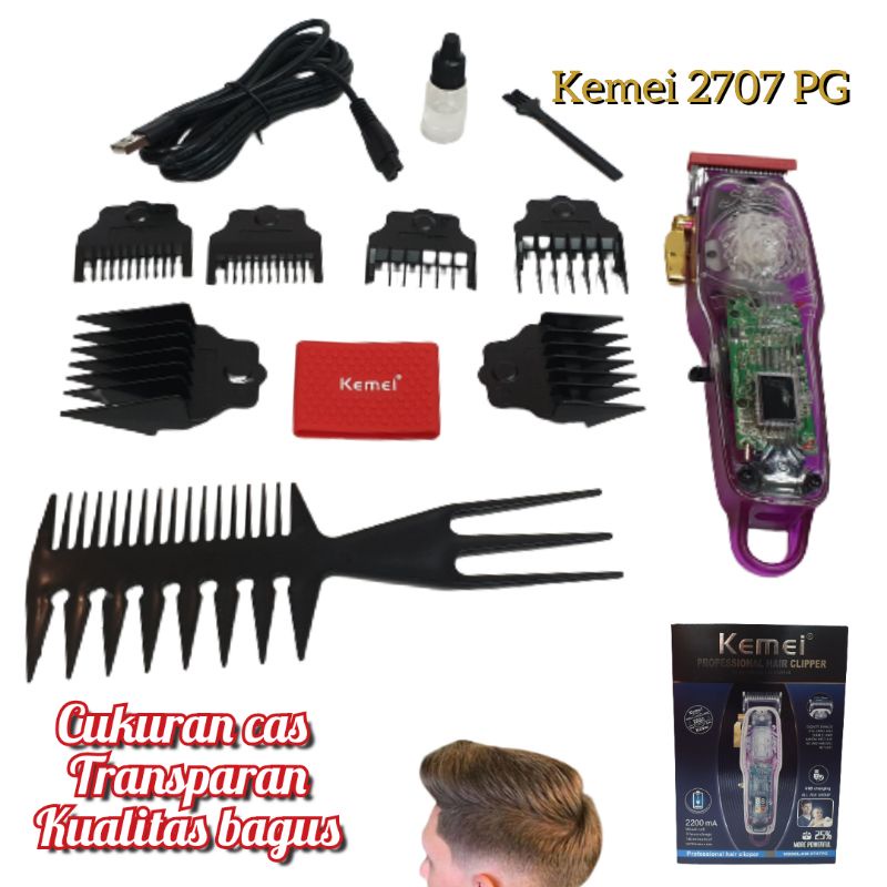 Alat Mesin Cukur Pangkas Rambut Kemei Km2707PG Hair Clipper Elektrik Cas model transparan