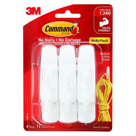 GANTUNGAN 3M COMMAND HOOK ADHESIVE 17001-6 SET 6 1.3KG PENGAIT PUTIH UTILITY MEDIUM HOOK