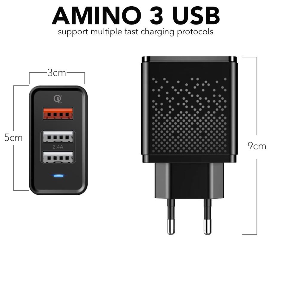 New Stock AMINO 30W Fast Charging QC 3.0 USB Wall Charger 3 Port USB Adaptor Quick Charger Adaptor