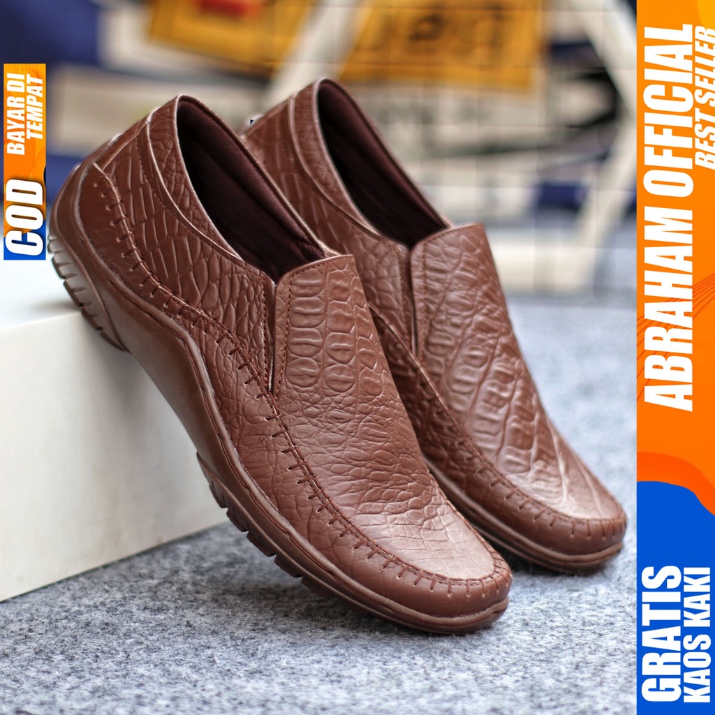 Sepatu Casual Pria Formal Slip On Pantofel Kulit Asli Kerja Kantor Kondangan Kuliah Hitam Fashion Shoes Terbaru Murah Kekinian Original CROCO ABRAHAM