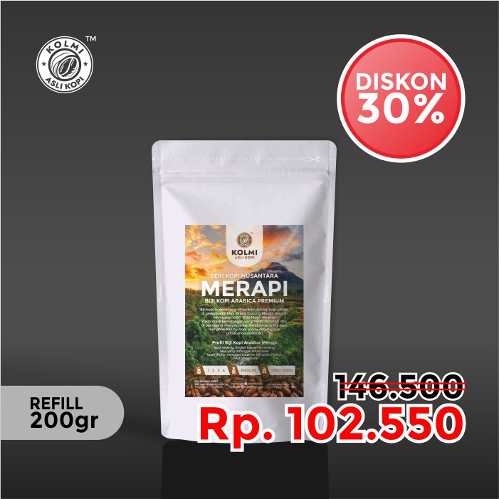 

KOPI ARABICA MERAPI ROASTBEAN (BIJI SANGRAI) PREMIUM REFILL 200 GRAM