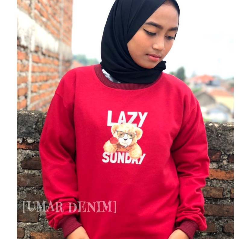 Sweater Crewneck UmarDenim Trendy Motif Lazy Bearr Bahan Fleece Ala Korean Style