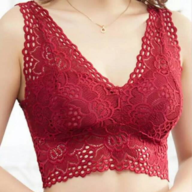 Camisol Padded Hiasan Renda Cantik Warna Polos Bralette Pendek Dengan Cup Busa Bra