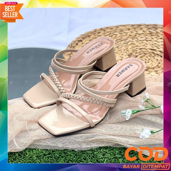 Sendal Sandal Sandals Sepatu Cewek Perempuan Rumah Santai Outdoor Indo Sarmer - Mona Heels Cream