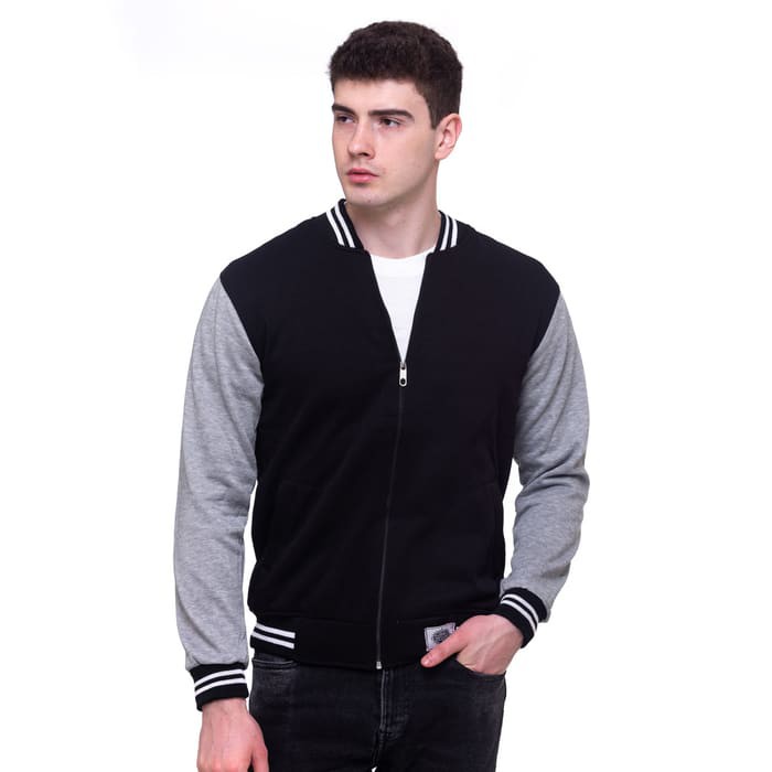 JAKET VARSITY BOMBER JAKET PARKA PRIA WANITA HOODIE SWEATER JEANS - BLACK GREY L