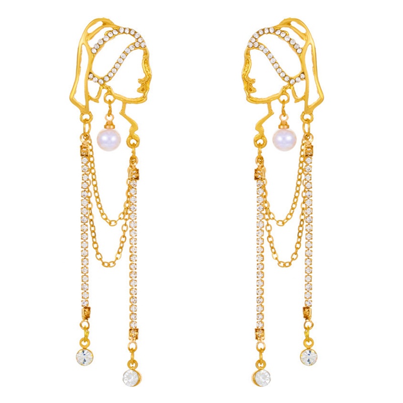 Fancyqube Anting Tusuk Gantung Panjang S925 Wanita Desain Potret Rantai Hias Mutiara Kristal