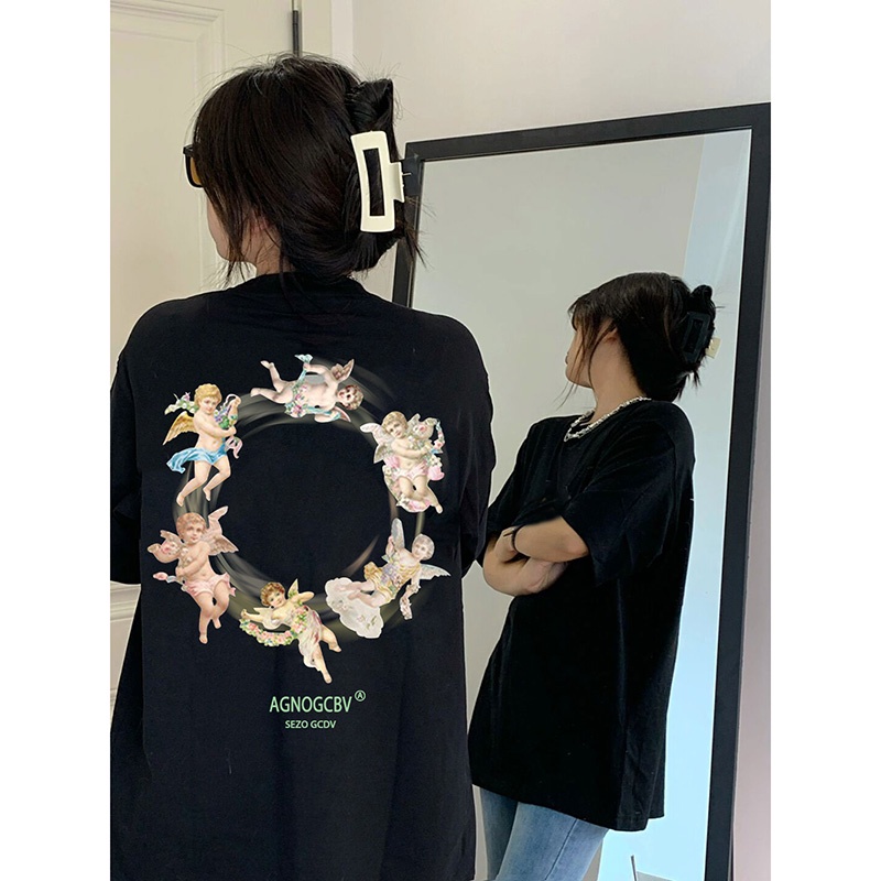 EUNII T-shirt Lengan Pendek Dewa Asmara Pencetakan Longgar Korean Style/Kaos Atasan Wanita/Baju Kaus Oversize Wanita