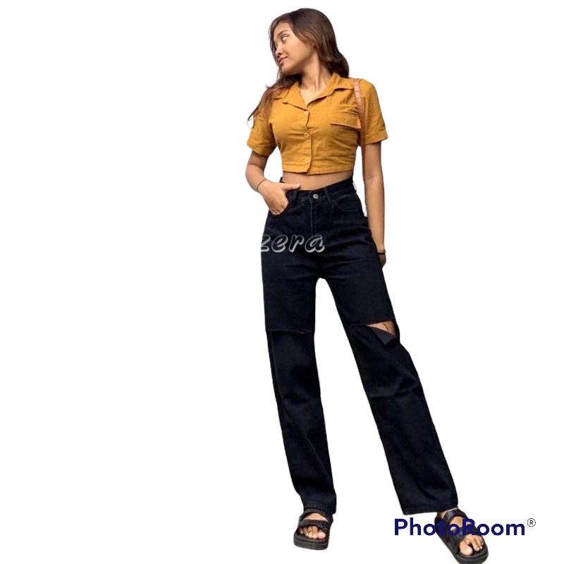 CELANA JEANS KULOT WANITA SOBEK TEMBUS KEKINIAN by alzera