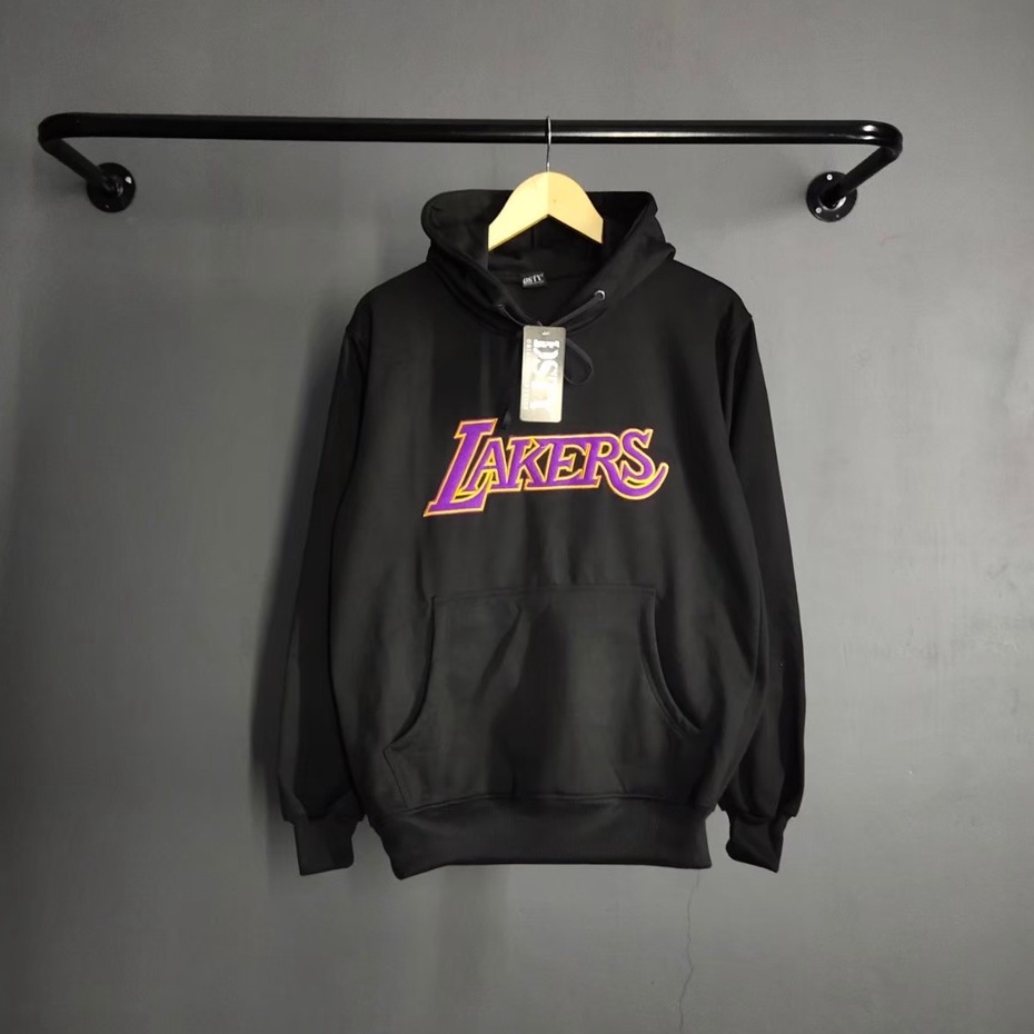 JAKET SWEATER HOODIE LAKERS BLACK  PREMIUM BORDIR FLOCKING PRIA WANITA PREMIUM