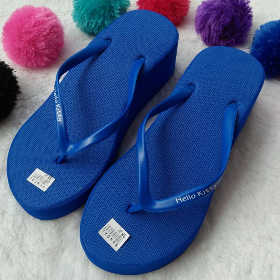 Sandal Wedges Spon Warna BIRU dengan JEPIT POLOS