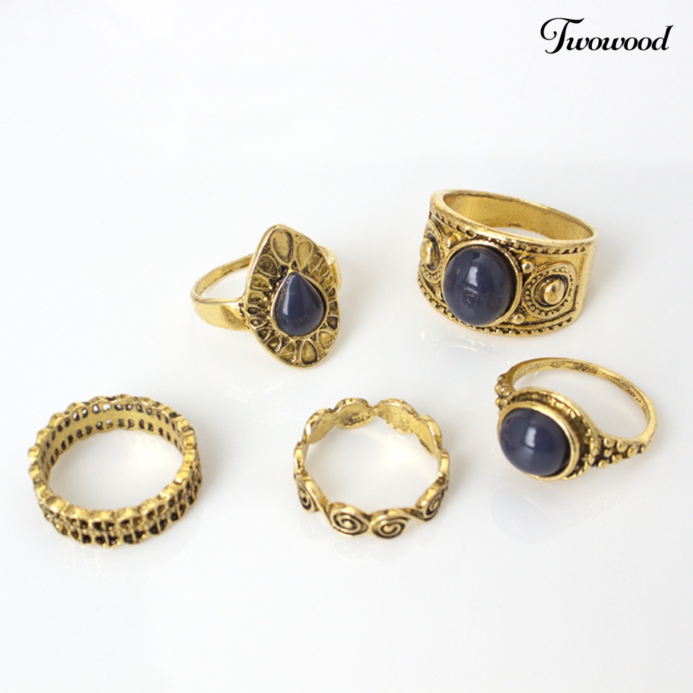 5pcs / Set Cincin Jari Bahan Alloy Aksen Batu Biru Gaya Bohemian Vintage Untuk Wanita