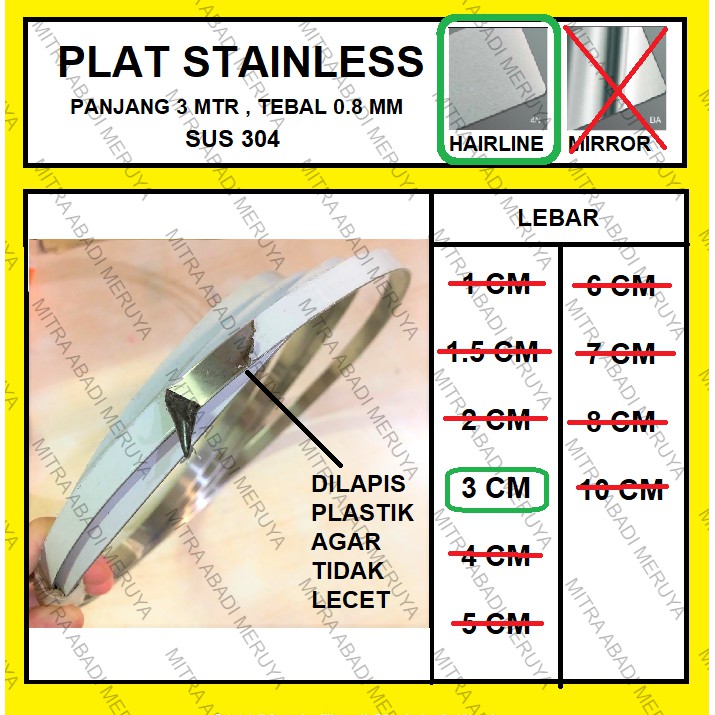 Plat Stainless Hairline 3 cm Plat Strip SS Lis Stainless