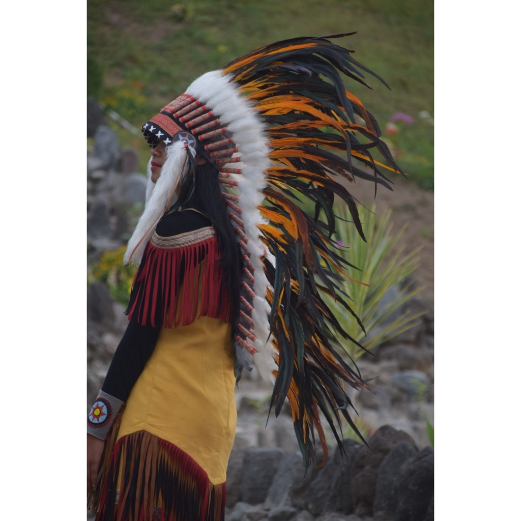 TOPI INDIAN - INDIAN HEADDRESS MEDIUM AYAM BILABONG ORANGE FUR PUTIH