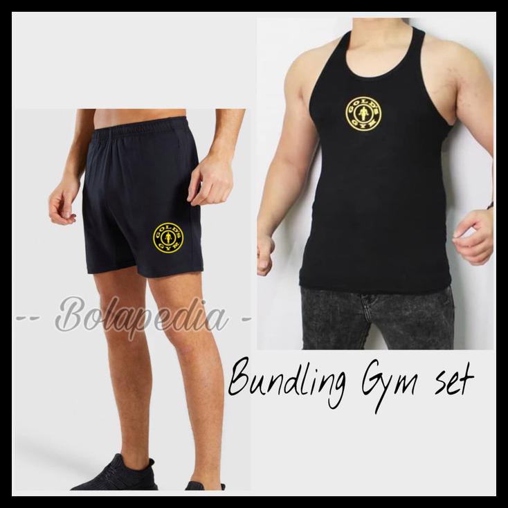 Gold-Gym Bundling / Stelan Kaos Olahraga Gym Fitnes Pria Training