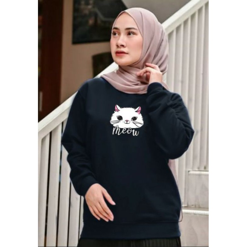 Kaos Lengan Panjang kepala MEOW / Kaos Sweatshirt / Atasan Wanita / Atasan Wanita Lengan Panjang