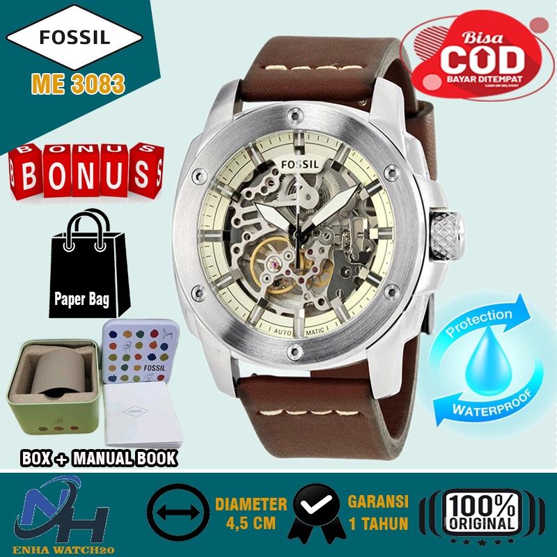 Jam Tangan Pria Cowok Remaja Fossil ME3083 Machine Skeleton Dial Brown Leather Strap Original Watch