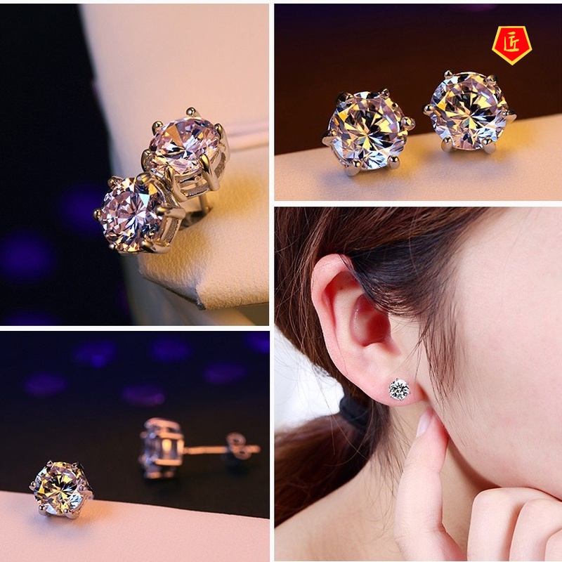 [Ready Stock]Fashion Silver Six-Claw Diamond Stud Earrings for Women