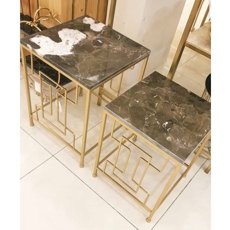 Meja Yin Evita Bahan Besi Holo Replika Marmer TOP Kayu Lapis HPL Motif Marble Untuk Ruang tamu, Tera