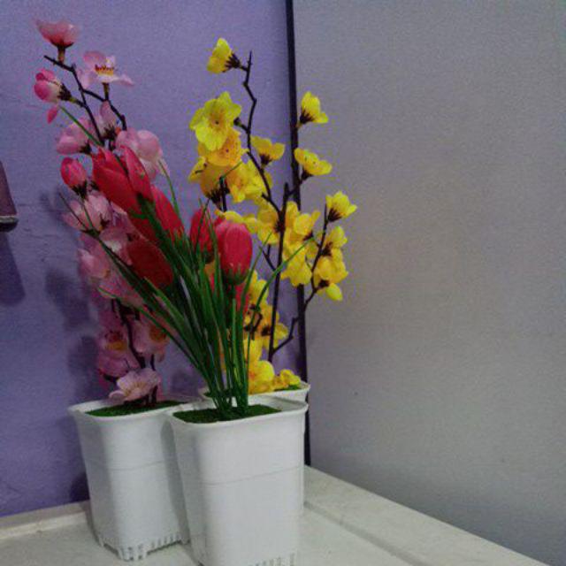 Bunga Sakura Kuning Artificial Plus Pot