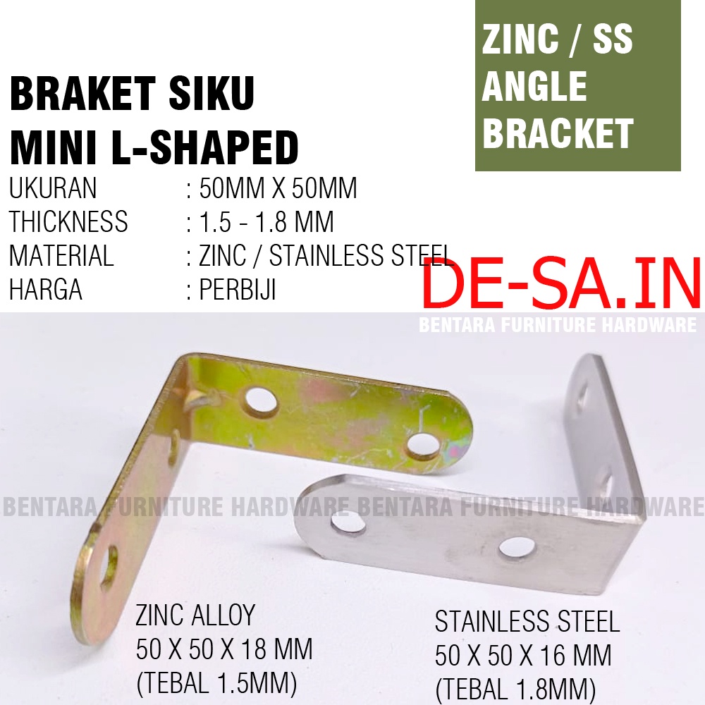 50 MM Siku Stainless Steel / Besi Zinc Plate Braket Siku Mini 50 x 50 MM - L-Shaped Angle Bracket Fastener