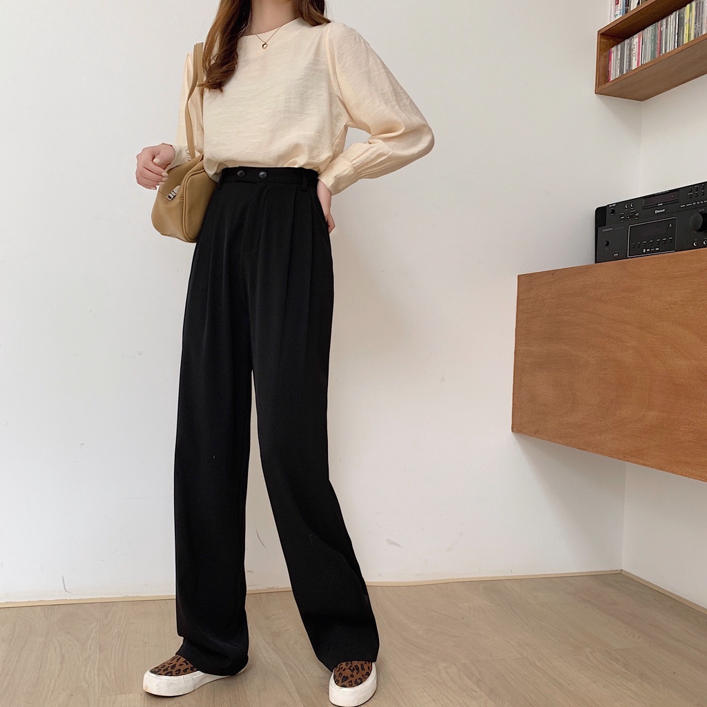 korean style celana kulot wanita  loose hitam celana panjang wanita terbaru kekinian high waist