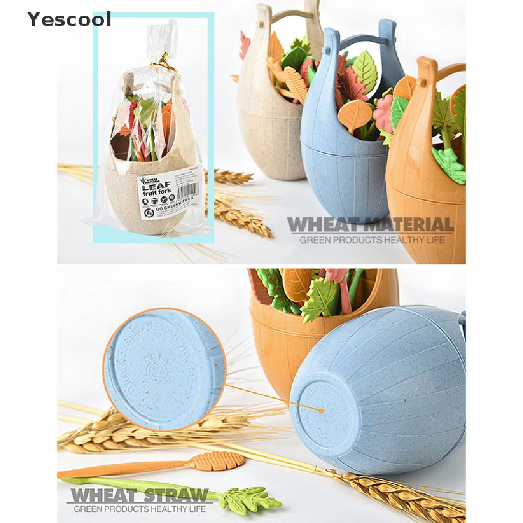 Yescool 16pcs / Set Garpu Buah / Snack / Kue / Salad Bahan Jerami Gandum Dengan Ember