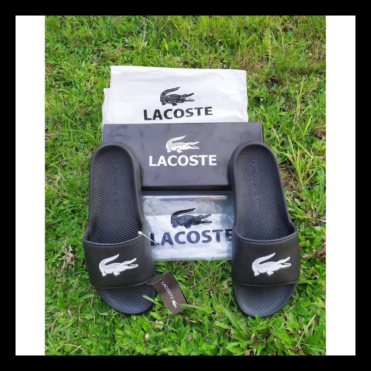 BARU SENDAL LACOSTE CROCO SANDAL SLIPPER SLIDE RUBBER SLIDES BLACK ORIGINAL - HITAM, 37 SANDAL LAKI-