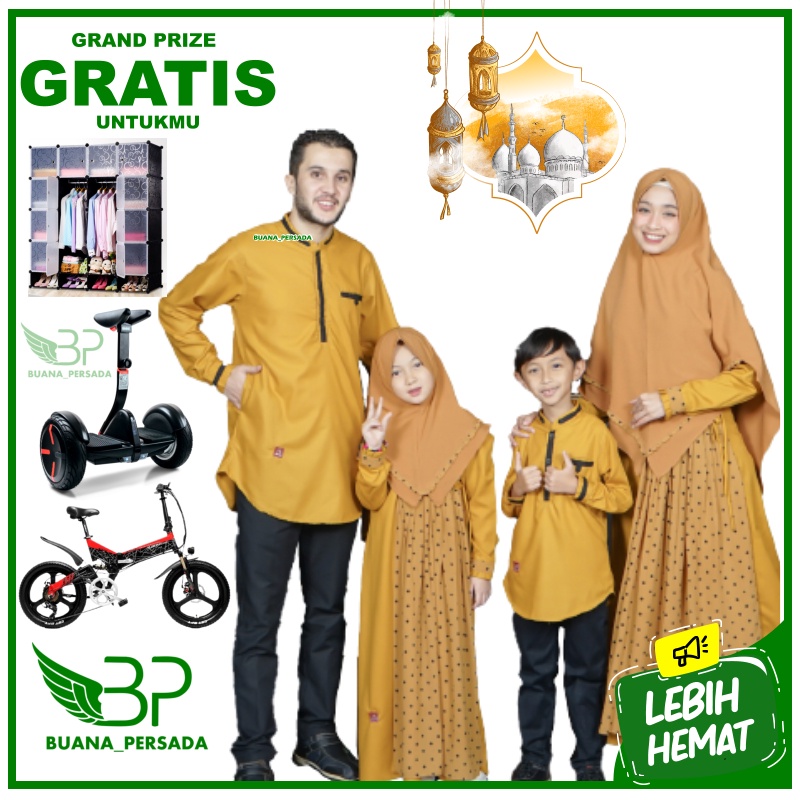 BAJU GAMIS SARIMBIT KELUARGA AYAH IBU DAN ANAK KUNING MUSTARD BAJU SERAGAM LEBARAN COPLE COUPLE KELU
