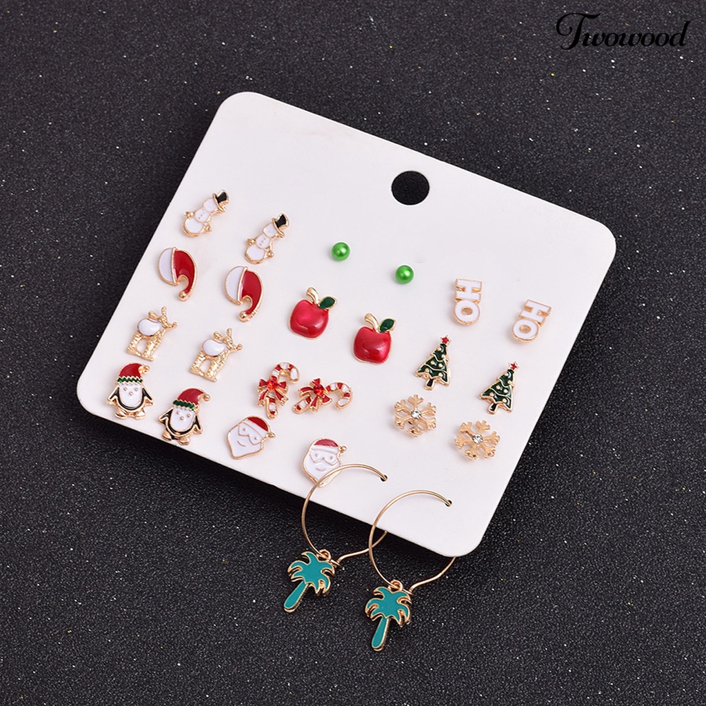 12 Pasang Anting Stud Desain Topi Santa Claus Snowflake Pohon Natal Snowman Untuk Wanita