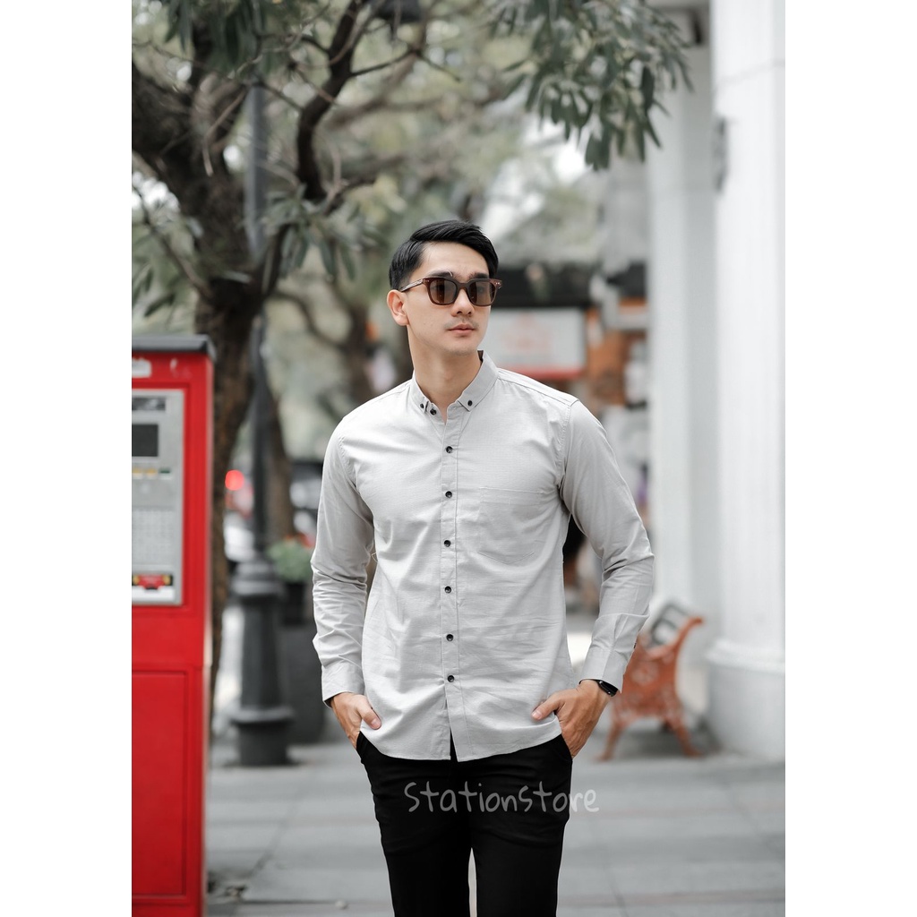 Hem pria Slimfit Kemeja cowok lengan Panjang warna silver