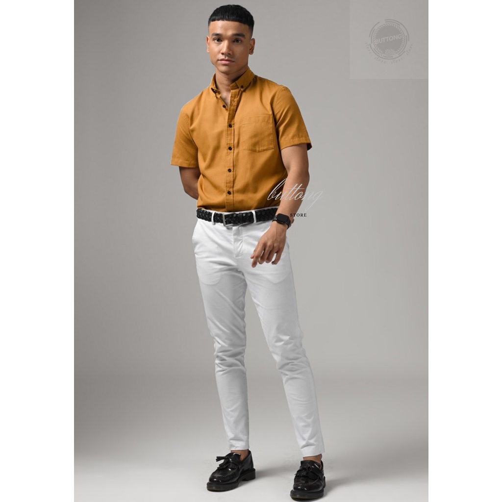 kemeja pendek pria polos pria kuning mustard casual