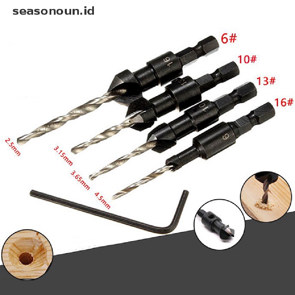 【seasonoun】 4Pcs 5 Flutes HSS Countersink Drill Bit Set Woodworking Carpentry Tool 6-12# .