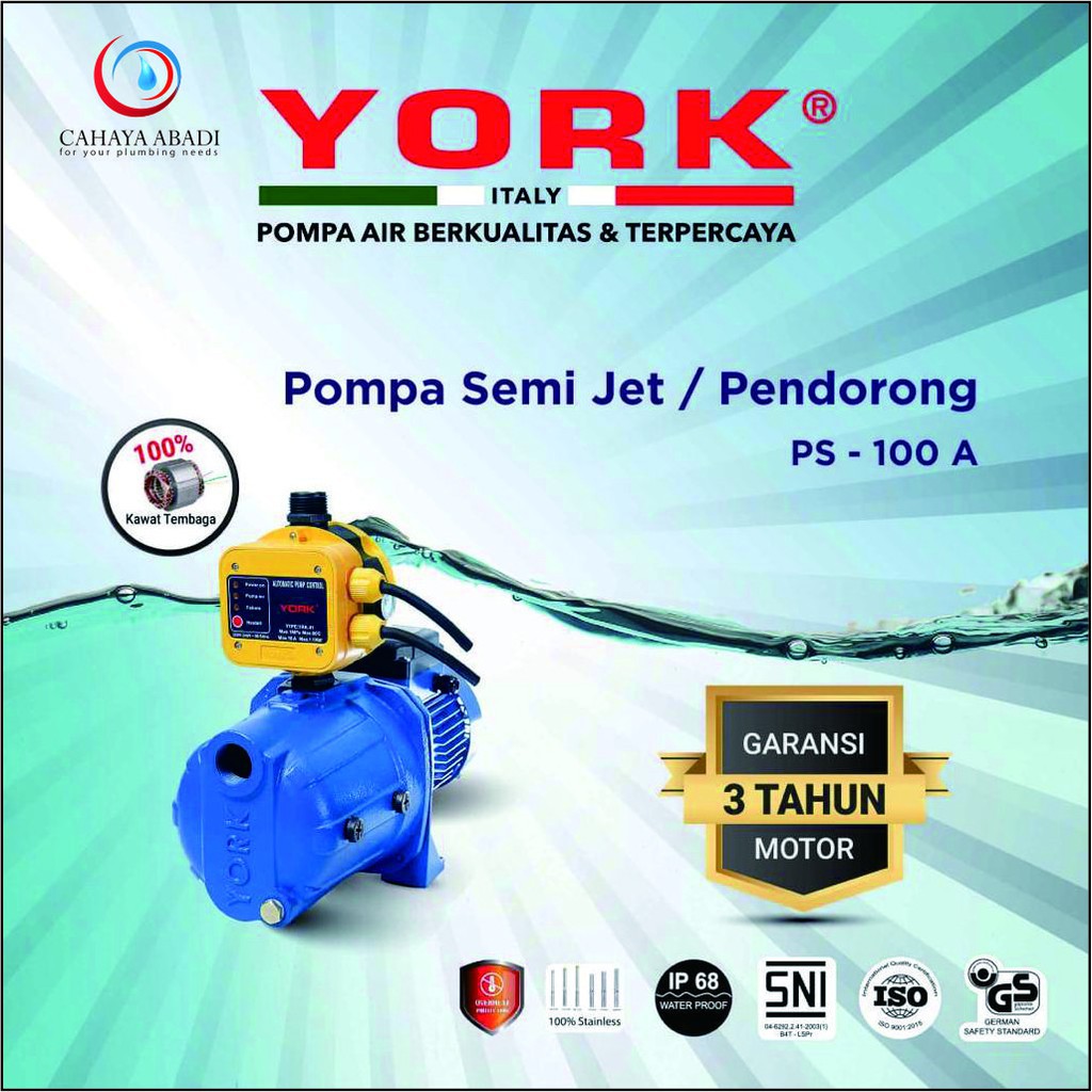 POMPA AIR SEMIJET YORK - PS 100 A - YORK - 220V + OTOMATIS PRESSURE - POMPA OTOMATIS - POMPA DORONG