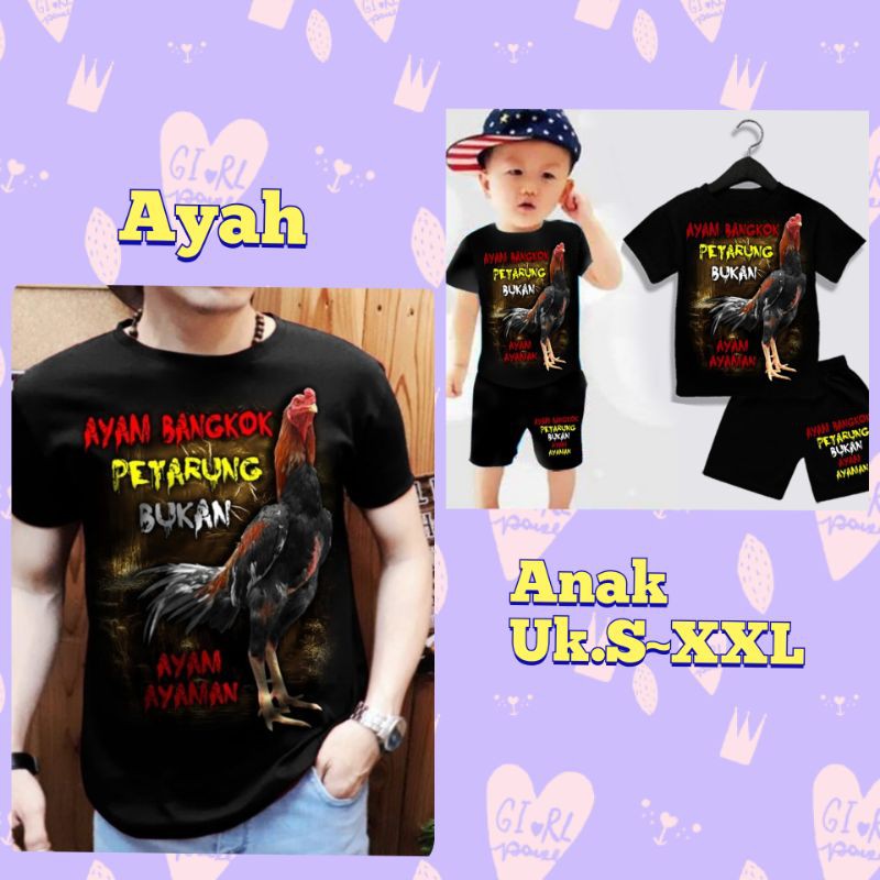 Kaos Couple Ayah dan Anak keren terbaru gambar Ayam Bangkok Petarung