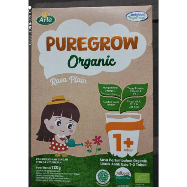 Puregrow susu organik untuk anak usia 1-3 tahun rasa plain 720gram