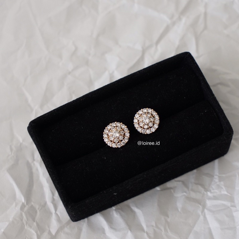 LAUREN | Golden Sparkles - Gold Plated Zirconia Round Cut Halo Setting Stud Bridal Earrings - Anting Daily Wanita