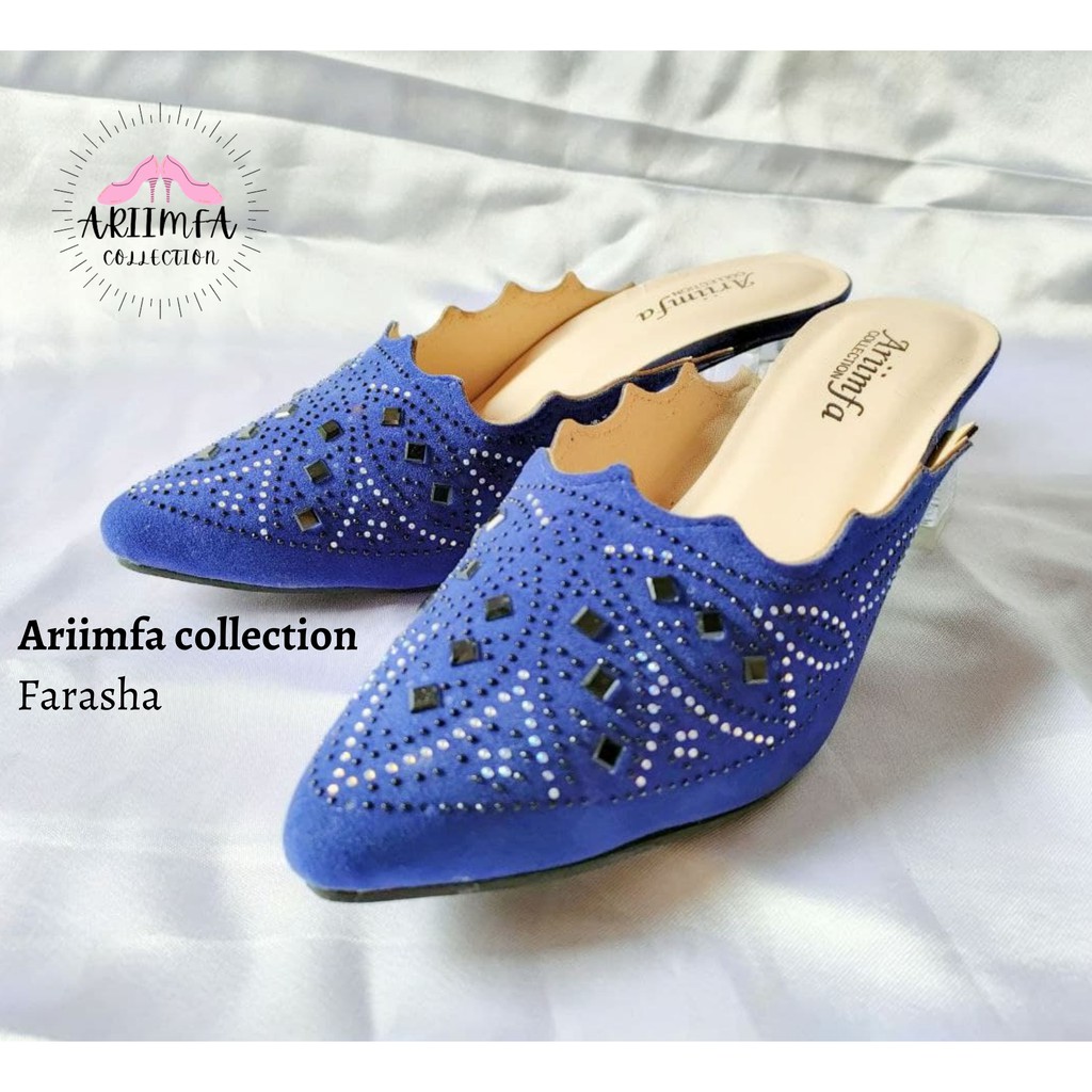Ariimfa collection - Farasha Biru sandal wanita high heels/sandal high heels payet hak kaca 5 cm