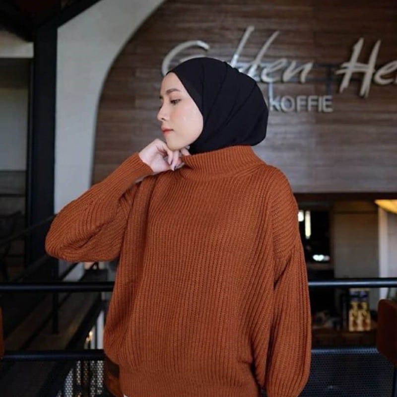 sweater rajut bayoneta turtleneck/lengan balon kerah tinggi