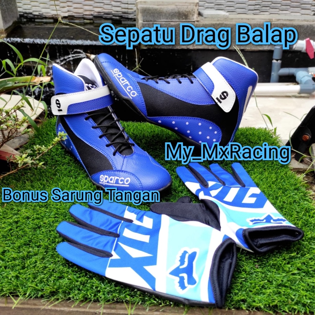 Sepatu drag race V BLUE sepatu touring FREE GLOVE  keren new  sepatu balap keren sepatu berkendara touring sunmori atau harian juga oke bonus sarung tangan