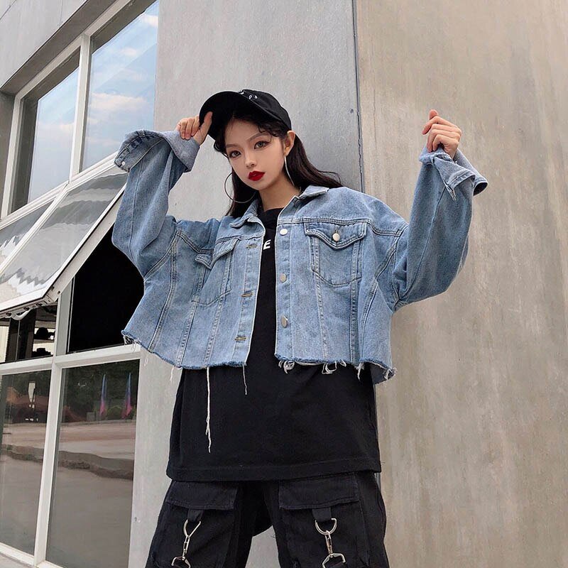 Jaket Jeans Denim Crop Oversize LD 100 - 140 cm I Jaket Sandwash Snow Acid Bianca I Cropped Denim Jacket | jaket jumbo | jaket korean oversize | jaket jeans oversize | jaket jumbo