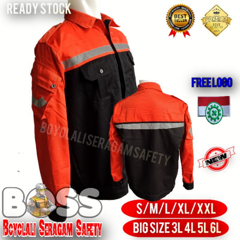 BAJU SERAGAM SAFETY KOMBINASI ORANGE HITAM-WEARPACK ATASAN-SERAGAM KERJA TERBARU