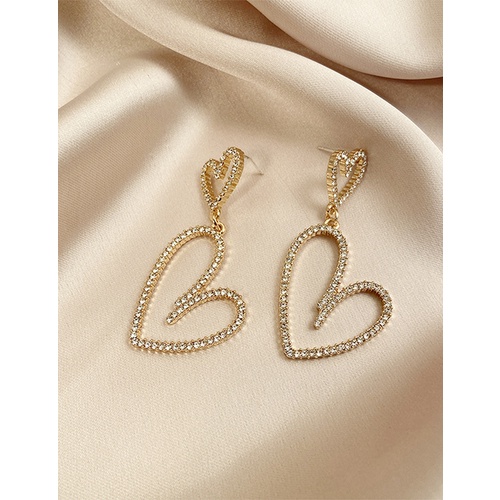 LRC Anting Tusuk Fashion Golden Double Love Diamond Hollow Earrings V33013