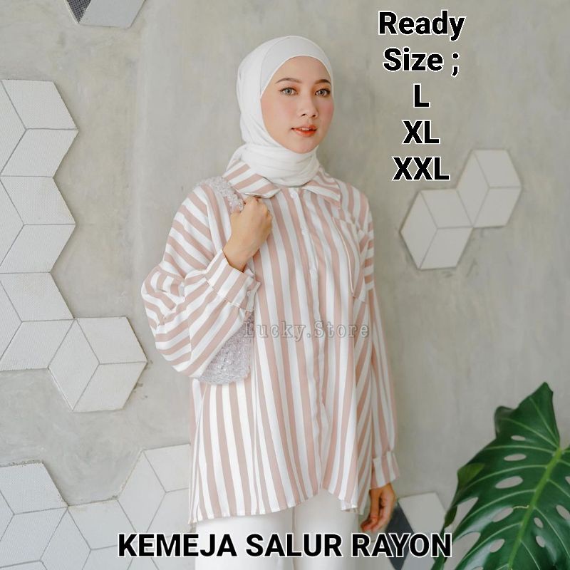 Salur Kemeja Wanita Garis Garis Stripe Blouse Blus Rayon Adem Oversize Shirt Formal Casual Warna Mil