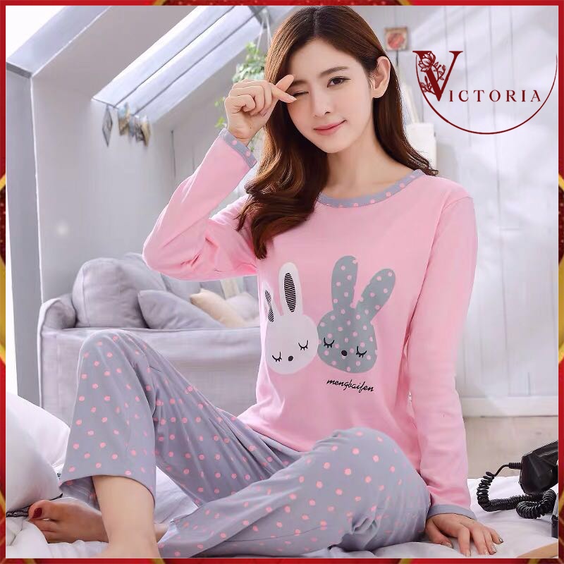 Victoria Pakaian Wanita Baju Tidur Wanita Import Piyama Lengan Pendek Motif Kartun Fit to XXL 4015