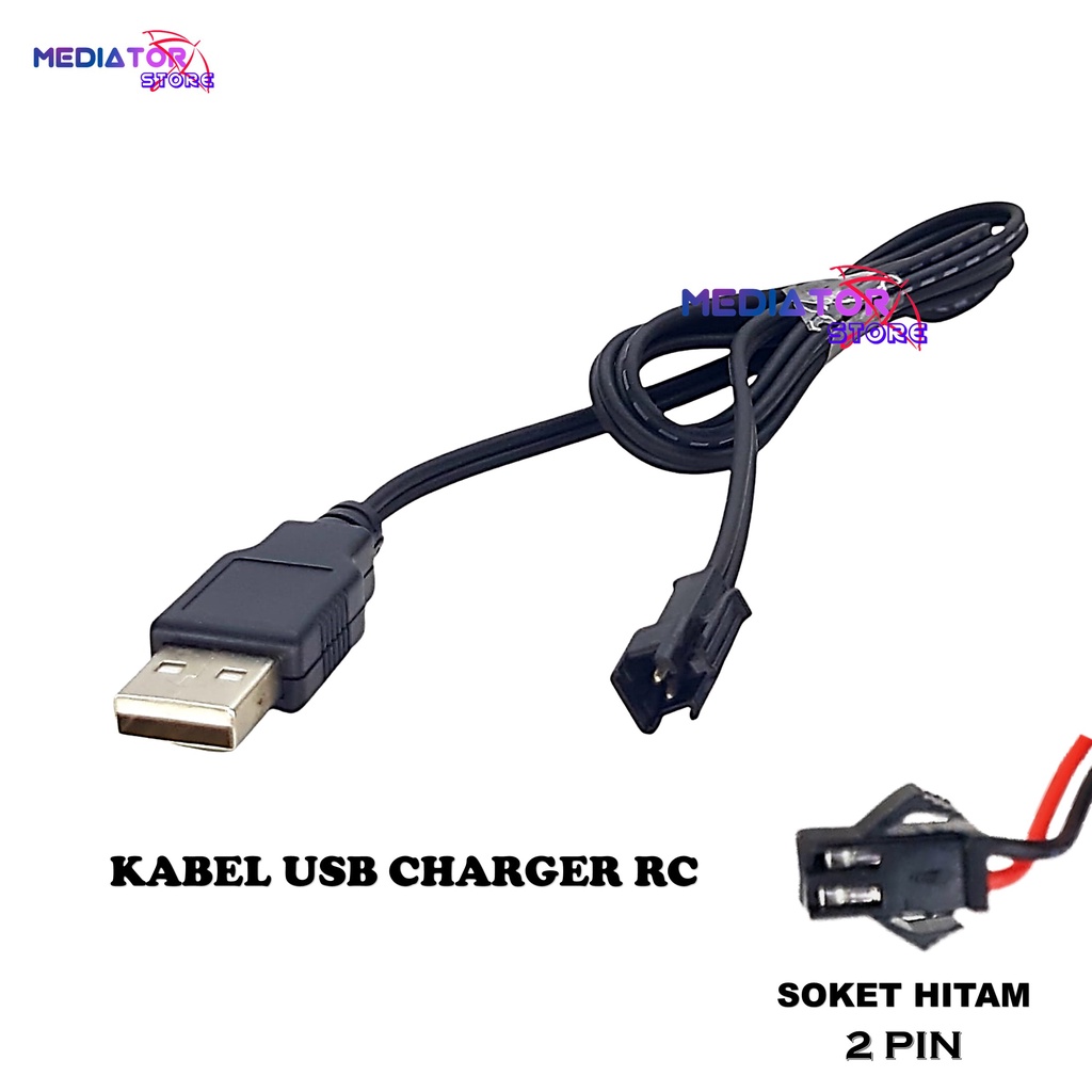 Kabel Cas Mobil RC Model USB Panjang Kabel 50Cm Soket Hitam 2Pin